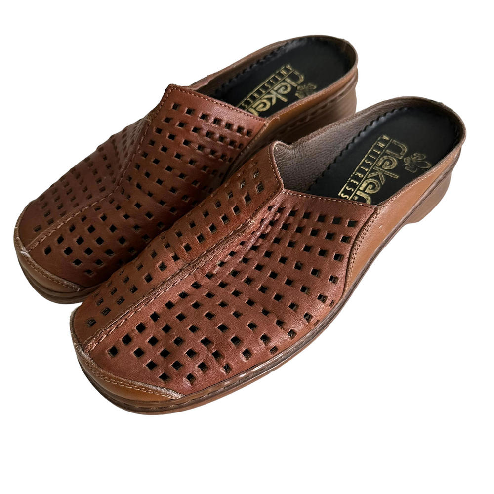 RIEKER Ladies Brown Laser Cut Closed Toe Ladies Mule Clog Shoes, 38/7.5‎